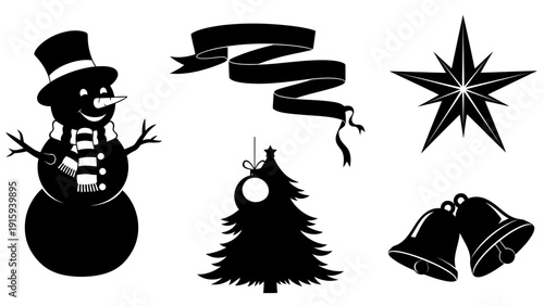 Christmas Icons Silhouette: Snowman, Tree, Star, Bells, Banner, Ornament