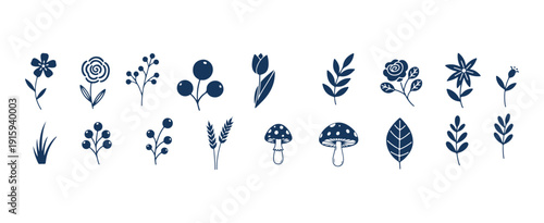 Botanical Leaves Mushroom Doodle Set, Nature Plant Hand Drawn Clipart, Floral Foliage Sketch Illustrations, Forest Fungi Vector Doodles, Herb Fern Outline Graphics, Tropical Leaf Art Collection, Garde