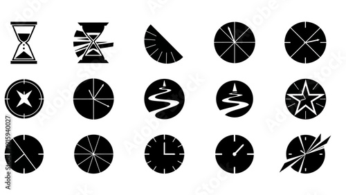 Collection of Black and White Icons: Clocks, Time, Hourglass, and Abstract Shapes