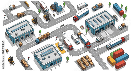 Isometric industrial logistics and transportation hub aerial view.
