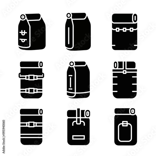 Collection of Black Backpack and Duffel Bag Icons, Vector Set
