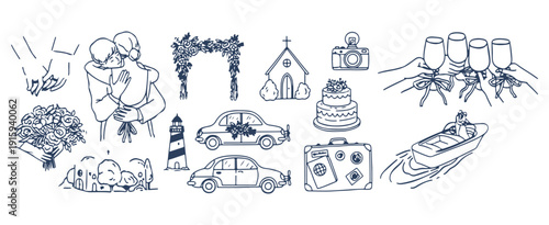Wedding Celebration Doodle Icons Set, Marriage Ceremony Hand Drawn Clipart, Bride Groom Sketch Illustrations, Love Romance Vector Doodles, Party Decoration Outline Graphics, Wedding Cake Invitation El