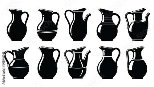 Collection of Black Ceramic Pitchers and Jugs Isolated on White Background