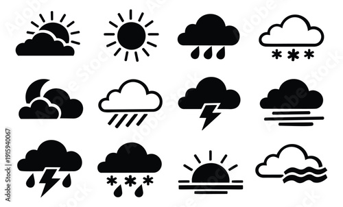 Modern graphic weather icons set featuring sun, clouds, rain, snow, lightning, and moon for digital interfaces and forecasting