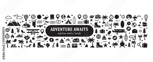 Adventure Awaits Travel Doodle Icons, Explore Wander Hand Drawn Clipart, Camping Outdoor Sketch Icons Set, Journey Road Trip Illustration Collection, Mountain Hiking Vector Doodles, Travel Quote Typog