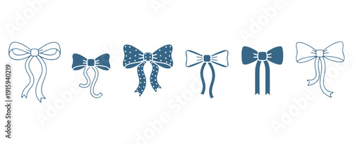 Bow Ribbon Decorative Illustration Set, Gift Wrap Tie Hand Drawn Clipart, Blue Ribbon Knot Vector Art Design, Fashion Accessory Bow Sketch Collection, Wedding Party Ribbon Graphics, Cute Bow Line Art 