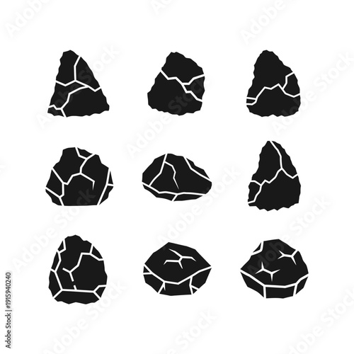 Collection of Cracked Black Rocks Icons, Stone Fragments, Abstract Shapes