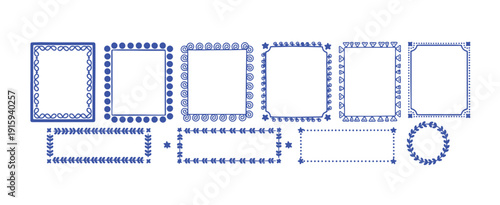 Decorative Dotted Square Rectangle Frames Set, Blue Ornamental Border Vector Clipart, Certificate Diploma Frame Illustrations, Vintage Page Border Design Collection, Invitation Card Frame Graphics, El