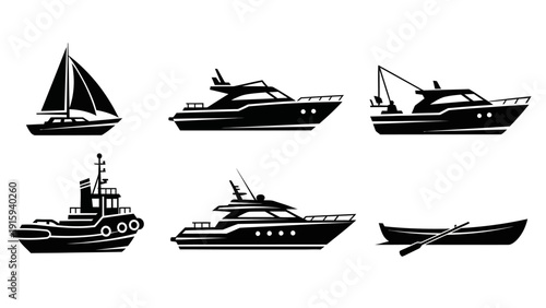 Collection of Diverse Boat Silhouettes: Sailboat, Yachts, Tugboat, Fishing Boat, Rowboat