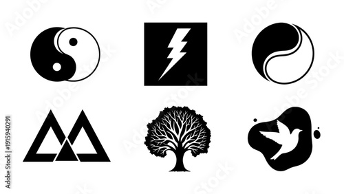 Collection of Diverse Symbols: Yin Yang, Lightning Bolt, Mountains, Tree, Dove, and Abstract Shape