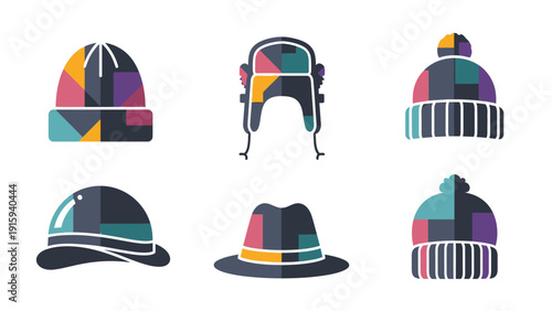 Collection of stylish winter hats and fedora with geometric patterns