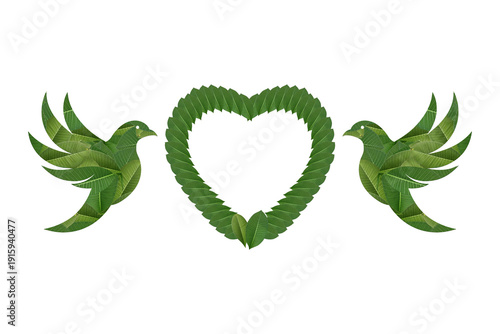 Eco Love Symbol with Two Leaf Birds and Heart Shape Isolated on Transparent Background