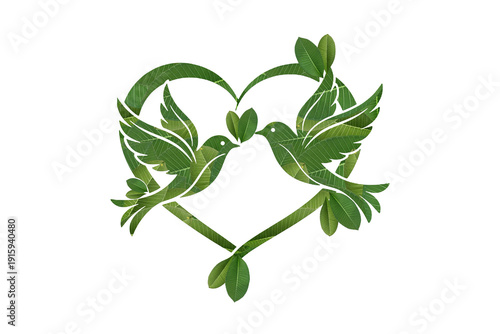 Two Leaf Birds Forming Heart Shape Frame with Decorative Green Leaves Isolated on Transparent Background