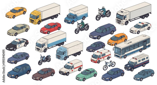 Isometric vehicles collection transportation and cars illustration.