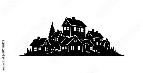 Black and white silhouette of a quaint village