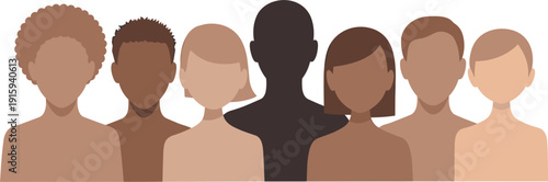 Diverse group of people with different skin tones and hairstyles in a flat design diversity