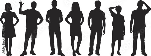Diverse group of seven people silhouettes standing in a line on white background vector illustration