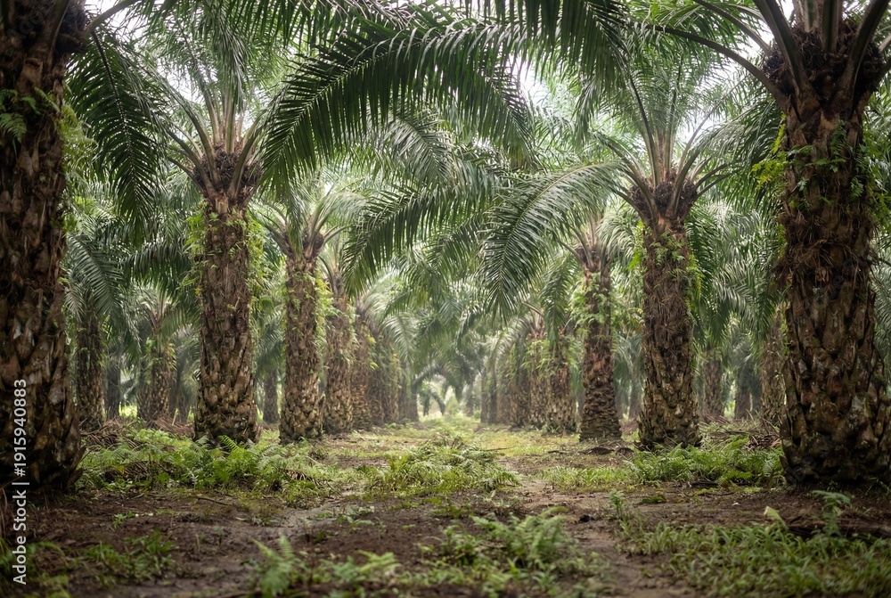 Fototapeta premium Low angle view of a dense and mature palm oil plantation forest
