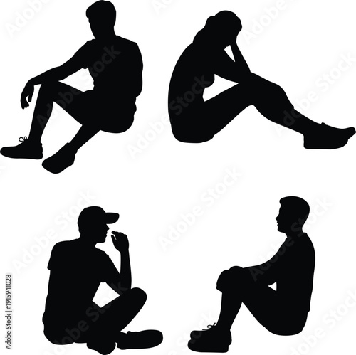 Four silhouette figures of people sitting in contemplative poses on a white background thoughtful