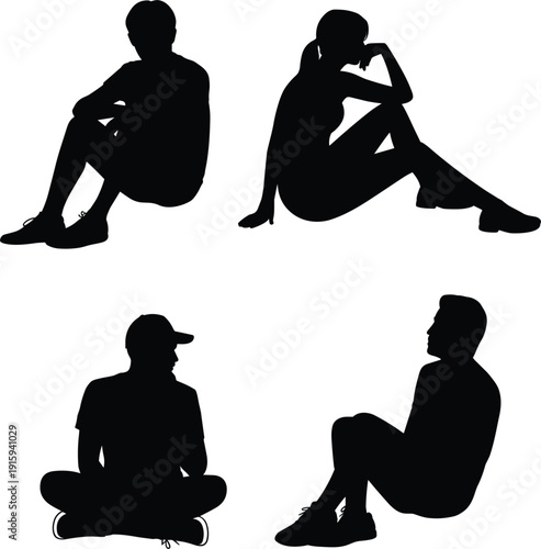 Four black silhouettes of people sitting in different relaxed poses on white background vector illustration