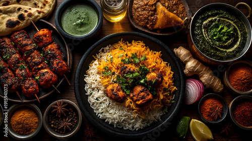 Elaborate Indian Food Spread Overhead with Chicken Tikka Skewers, Curry, Biryani, Naan Bread, Spices and Chutneys on Dark Wooden Table