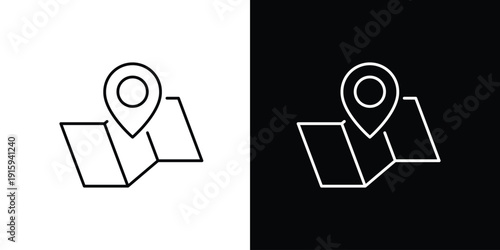 Clean and modern vector outline icon depicting a folded map with a prominent location pointer, ideal for navigation apps and pinpointing destinations