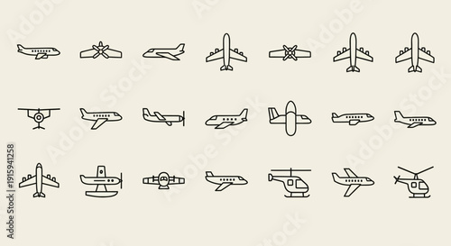 Diverse Aircraft Icons: Airplanes, Helicopters, and More