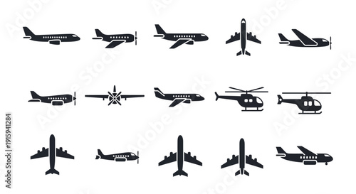 Collection of Airplane and Helicopter Icons: Aviation and Transport Symbols
