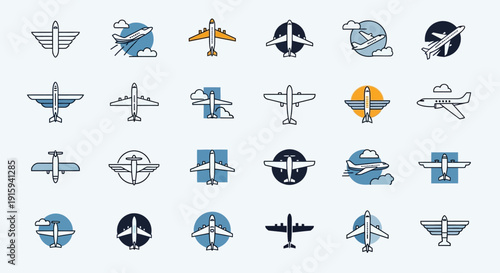 Airplane Icons Collection: Modern Aircraft Symbols for Aviation and Travel Concepts