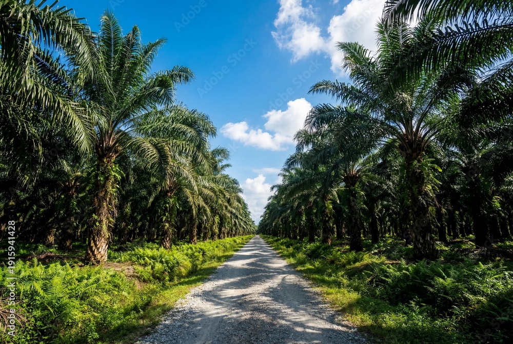 Obraz premium Oil palm plantation with a straight dirt road under a blue sky