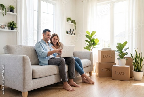Happy young couple sitting on sofa using laptop in new home with cardboard boxes on floor