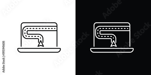 Single icon of laptop screen displaying a navigation route with a cursor indicating direction, online mapping technology