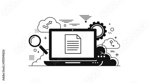 Digital Document Management and Cloud Computing Concept with Laptop and Magnifying Glass