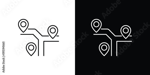 Clean vector line icon depicting a navigational route connecting multiple destination pins, perfect for modern map interfaces and travel planning applications