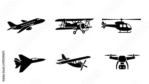 Diverse Aircraft Collection: Jet, Biplane, Helicopter, Fighter, Propeller, Drone Icons