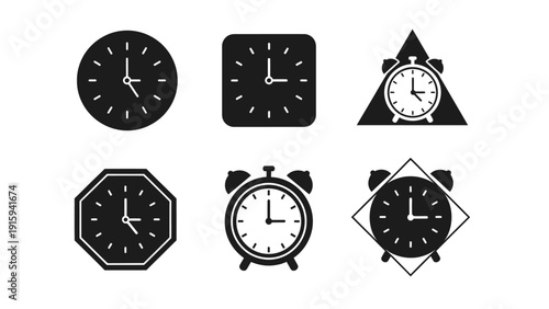 Diverse Clock Icons Collection: Round, Square, Triangle, Octagon, Alarm Clocks