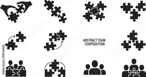 Twelve puzzle and teamwork concept icons Keywords: puzzle, jigsaw, pieces, teamwork, cooperation, collaboration, connection, strategy, problem