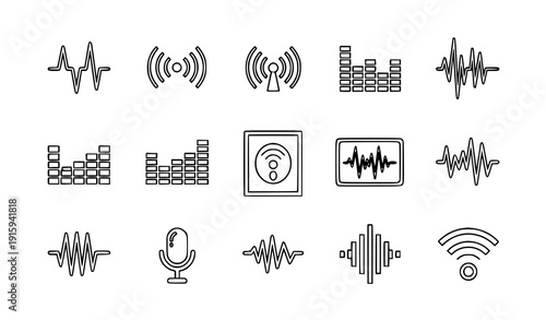 Sound wave line icon set vector audio equalizer radio signal podcast isolated on transparent background