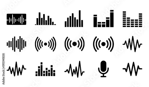 Sound wave glyph set vector audio equalizer radio signal symbols isolated on transparent background
