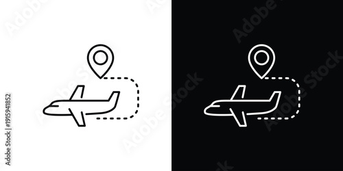 Airplane route icon with destination pin and dashed line, representing travel and navigation