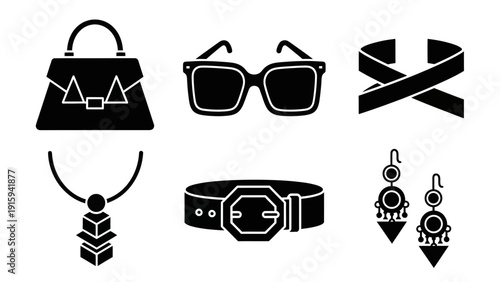 Fashion Accessories Icons: Handbag, Sunglasses, Scarf, Necklace, Belt, Earrings