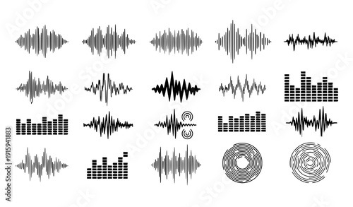 Podcast equalizer sound wave set vector audio waveform radio signal isolated on transparent background