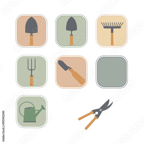 Gardening Tools Set Icons: Trowel, Rake, Fork, Secateurs, Watering Can