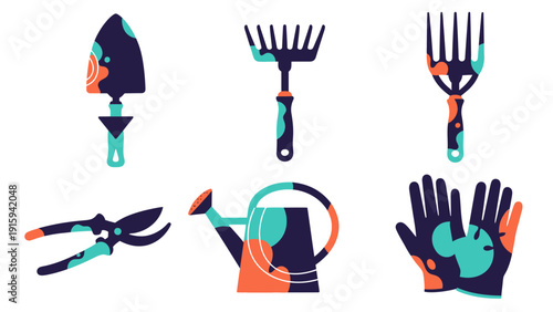 Gardening Tools Set: Trowel, Rake, Fork, Pruners, Watering Can, Gloves - Flat Design
