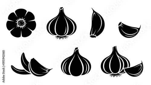 Garlic Cloves and Bulbs Silhouette Set: Fresh Ingredient Icons for Cooking and Health