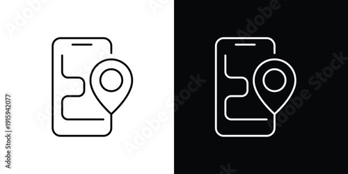 Location pin icon with map path on smartphone screen in line art style