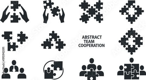 Twelve puzzle and teamwork concept icons Keywords: puzzle, jigsaw, pieces, teamwork, cooperation, collaboration, connection, strategy, problem