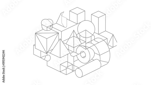 Geometric Shapes Abstract Composition, Isometric View, Wireframe Design