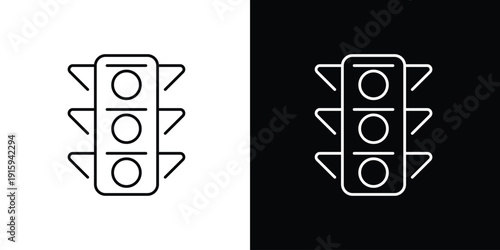 Simple line art icon illustration of a traffic light on a white and black background