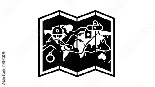 Global Travel Itinerary Map Icon: World Map with Pins and Routes